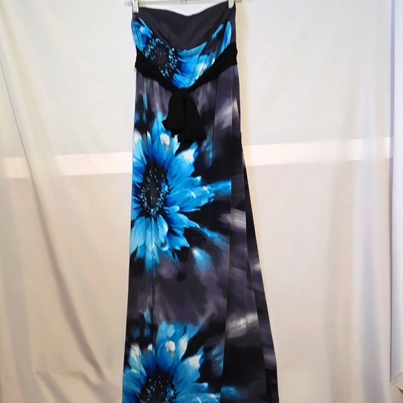 JFW, Maxi Dress, Strapless, Med, Floral Print, Black, Blue, Elastic Back, Tie - Picture 8 of 9